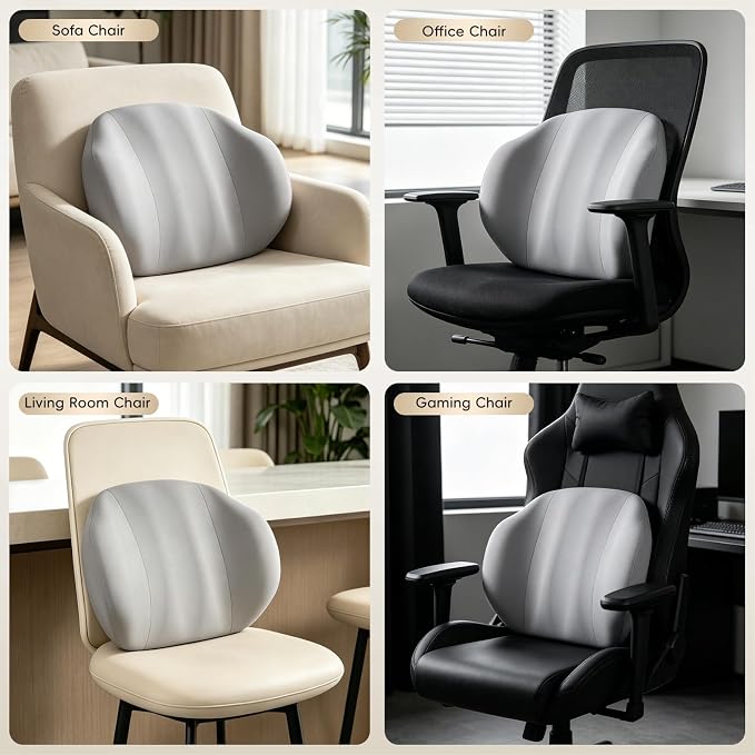 BEBAS Lumbar Support Pillow for Car & Office Chair - Ergonomic Memory Foam Back Cushion for Lower Back Pain Relief, Back Support, Removable Washable Cover, Ideal for Driving, Work, Travel - Gray
