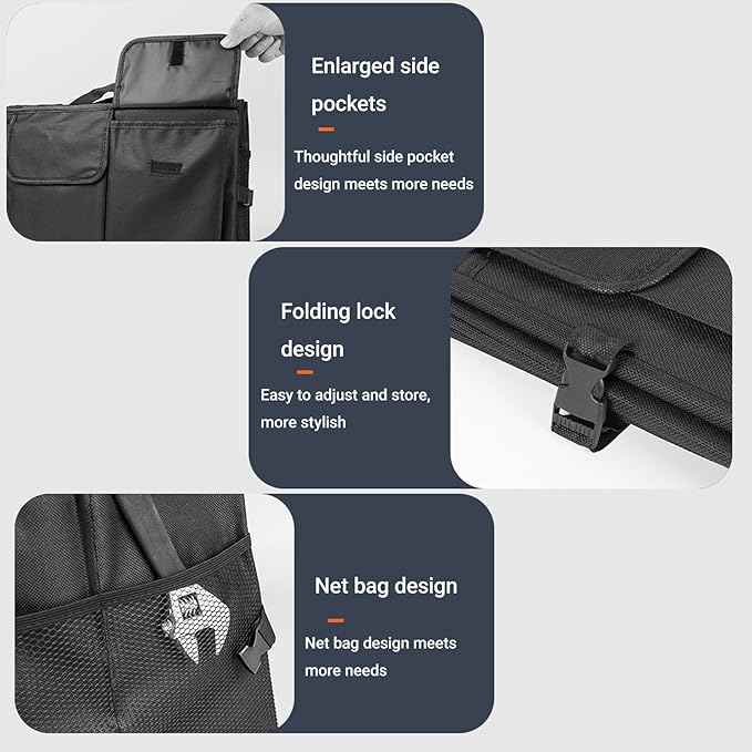 Trunk Organizer for Car Foldable Sturdy Style with 3 Compartments Holds Auto Accessories Tools Automotive Consoles and Organizers For Vehicle Trunk Storage (Black)
