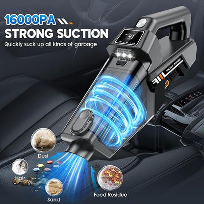 Handheld Vacuum Cordless, 16KPA Powerful Suction Hand Held Vacuum Cleaner Dust Busters Cordless Rechargeable, HD Display & 3 LED Lights, Portable Vacuum for Car, Home, Pet Hair