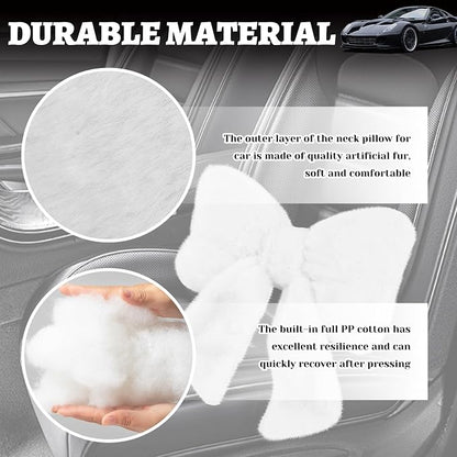 Furry Bow Car Headrest Pillow,Soft & Comfortable Car Neck Pillow for Cars Decorations & Fatigue Relief,Universal Head Rest Pillows for Cars Interior Accessories for Trucks,SUVs (White)