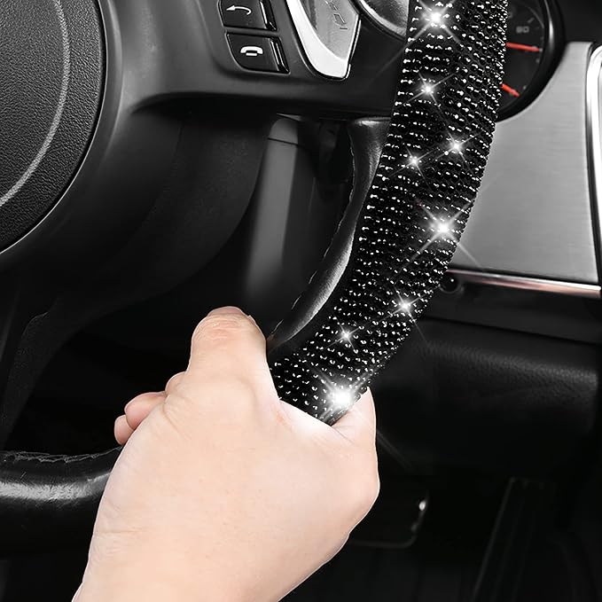 CAR PASS 2PCS Bling Diamond Segmented Steering Wheel Cover with Crystal Rhinestones, Wheel Protector Non-Slip Cute Car Accessories Universal Fit D-Shape O-Shape 14.5" to 16" for Women, Black Diamond