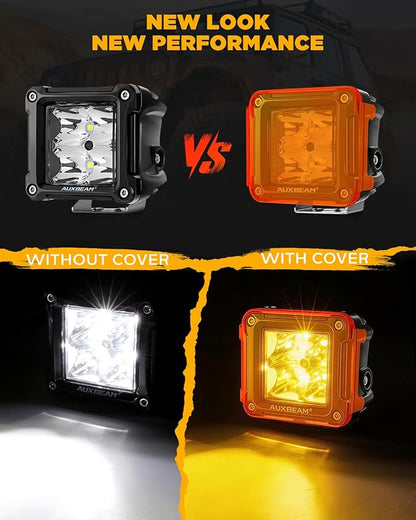 Auxbeam FA Series 3 Inch Deep Amber Light Covers 2300K Dark Amber Tone Cube Offroad Lights Lens Cap Smoked Tint for Fog Dust Rain Snow, 2 Packs