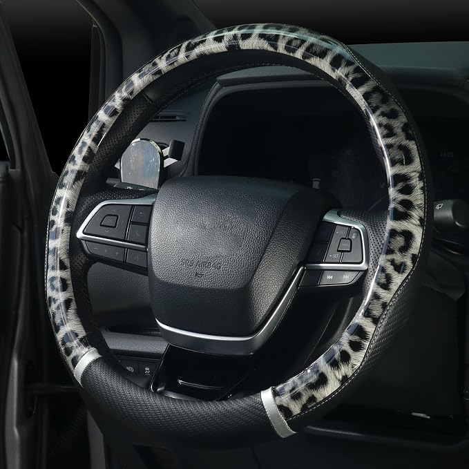 KAFEEK Glossy Leopard Print Steering Wheel Cover, 15 inch Carbon Fiber Texture Car Accessories for Women, Cheetah Pattern, Non-Slip Microfiber Leather, Universal Fit for SUV/Sedan, Black