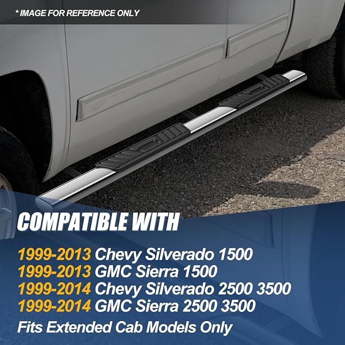 Auto Dynasty 5" Running Boards Compatible with 1999-2014 Chevy Silverado GMC Sierra 1500 2500 3500 Extended Cab, Stainless Steel Nerf Bars, Polished Chrome Non-Slip Side Steps