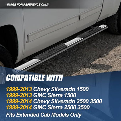 Auto Dynasty 5" Running Boards Compatible with 1999-2014 Chevy Silverado GMC Sierra 1500 2500 3500 Extended Cab, Stainless Steel Nerf Bars, Polished Chrome Non-Slip Side Steps