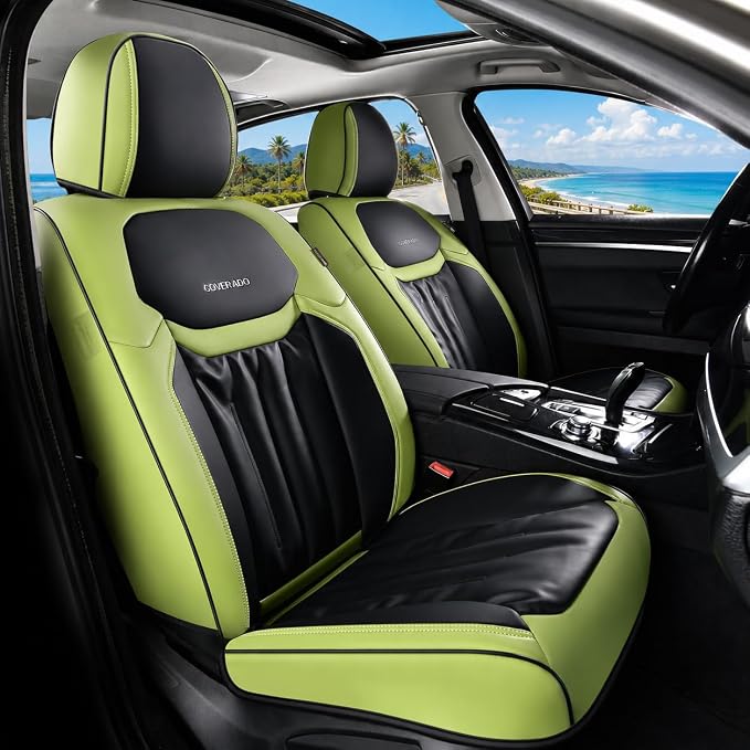Coverado Full Set Car Seat Covers, Nappa Leather Seat Covers for Cars 5 Seats, Waterproof Car Seat Protector, Universal Fit for Most Sedans SUV Pick-ups Trucks, Green&Black
