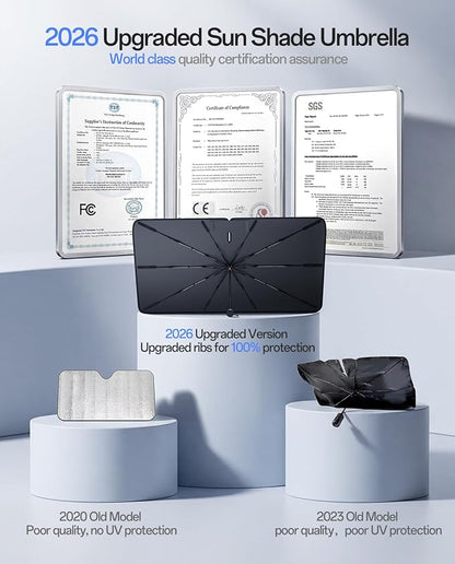 Car Windshield Sun Shade Umbrella for Model Y 2020~2026(Ice Crystal + Fabric + Black Film), Keeps Car Cool, Foldable Sunshade with Soft Edge, Easy Storage with Bag