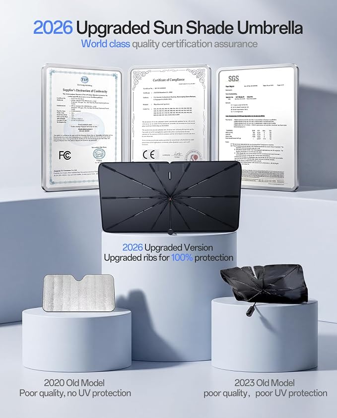 Car Windshield Sun Shade Umbrella with Multi-Layer Heat Block (Ice Crystal + Fabric + Black Film), Foldable Sunshade with Soft Edge, Easy Storage with Bag, XS Size(51" x 29")
