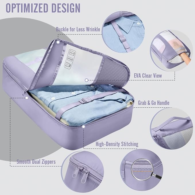 Veken 8 Set Packing Cubes for Travel Essentials,Anti-Wrinkle Buckled Suitcase Organizer for Shoe & Toiletry Bag,Carry On Luggage Bag with 99+ Count Mesh Holes for Airplane & College Dorm Accessories