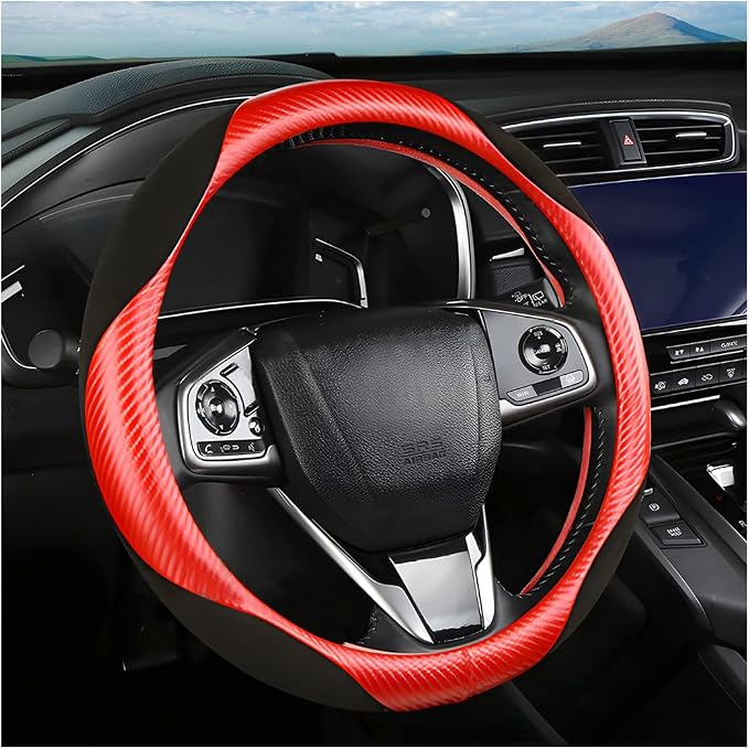 Steering Wheel Cover for Women and Men, Carbon Fiber Plush Steering Wheel Cover Soft Anti-Slip Comforting, Universal 15 Inches Steering Wheels Accessories (Carbon Fiber Red/Black)