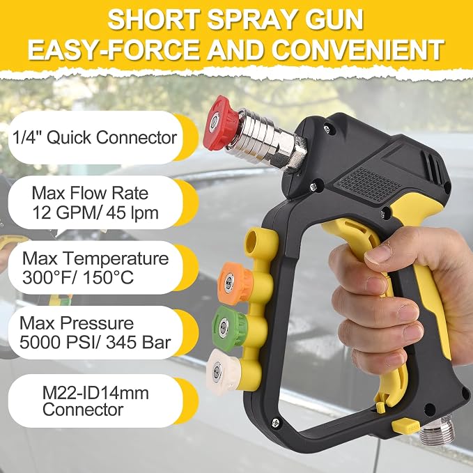 BEAR FORCE High Pressure Washer Short Spray Gun Inlet M22-ID14mm Max 5000 PSI with Nozzle Tips Holder & M22-15mm Connector & 3/8'' Quick Connector Swivel, Power Washer Gun Compatible with Foam Cannon