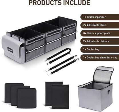 HIRALIY 4 in 1 Car Trunk Storage Organizer with Leakproof Cooler Bag, Multi-Compartment Foldable Trunk Storage Box for Car Truck SUV Gray