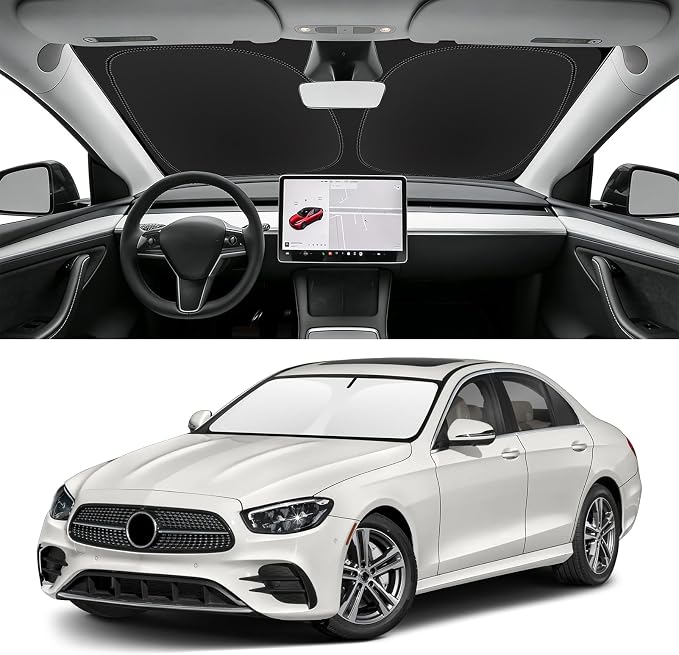 Custom Fit Windshield Sun Shade for Mercedes-Benz E-Class 2017-2023, Blocks UV & Heat, Front Window Sunshade Accessories, Easy Fold & Store Keep Your Car Cooler