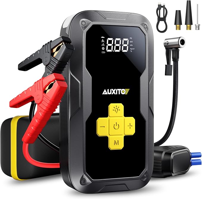 Jump Starter with Air Compressor, AUXITO 6000A Portable Car Jumper, 150PSI Digital Tire Inflator, 12V Jump Box for All Gas/8L Diesel Engine, Power Bank with Type-C Quick Charger, 400LM Emergency Light