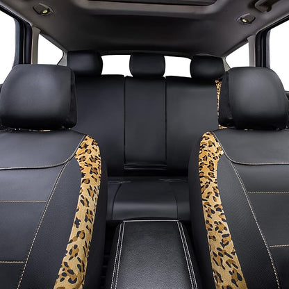 Flying Banner car seat Covers Protects Leopard Printing Velvet Faux Leather Carbon Fiber Front and Rear Bench (Leopard Brown Black, Full Set - 8PCS)