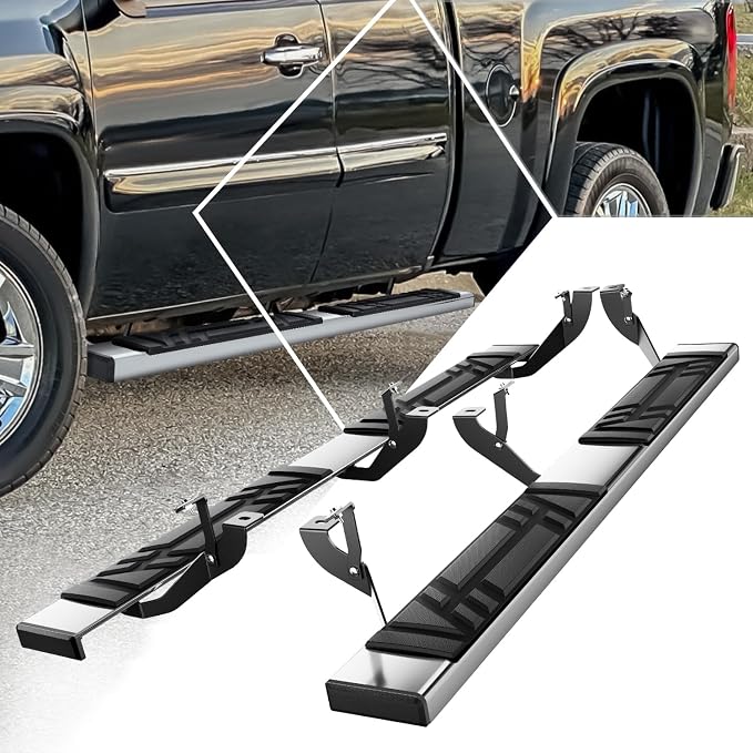 PM PERFORMOTOR 6.5" Running Boards Compatible with Chevy Silverado GMC Sierra 1500 2500 3500 Extended Cab 1999-2014, Pair of Stainless Steel Side Rails Step Bars with 6 pcs Brackets, Polished Black