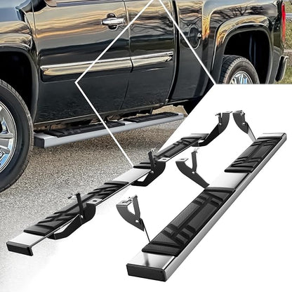 PM PERFORMOTOR 6.5" Running Boards Compatible with Chevy Silverado GMC Sierra 1500 2500 3500 Extended Cab 1999-2014, Pair of Stainless Steel Side Rails Step Bars with 6 pcs Brackets, Polished Black