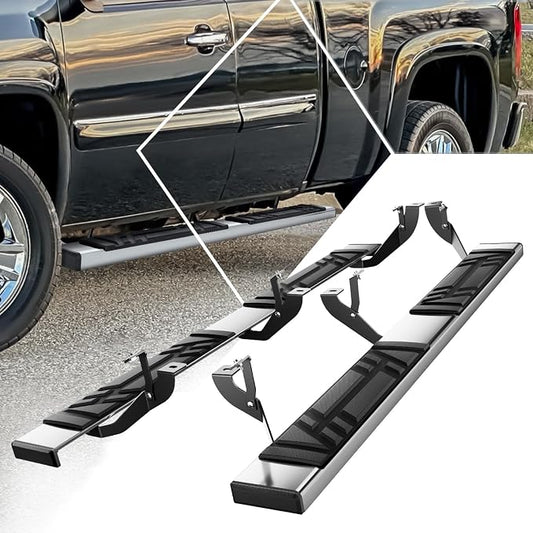PM PERFORMOTOR 6.5" Running Boards Compatible with Chevy Silverado GMC Sierra 1500 2500 3500 Extended Cab 1999-2014, Pair of Stainless Steel Side Rails Step Bars with 6 pcs Brackets, Polished Black