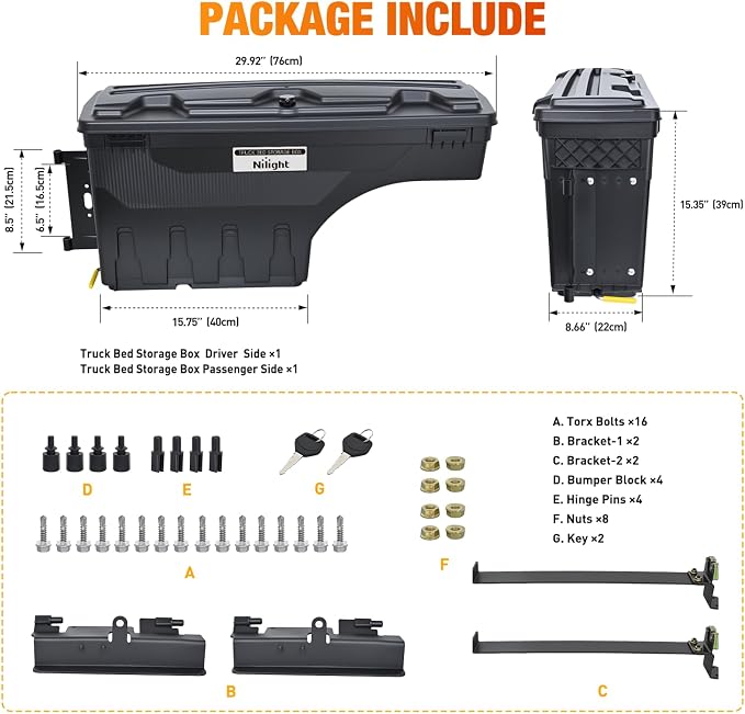 Nilight Truck Bed Tool Box Driver Side & Passenger Side Truck Toolbox Fit for Chevrolet Silverado GMC Sierra 1500 2500 3500 2007-2018 Swing Case Truck Bed Storage Box w Lockable Lid Wheel Well Toolbox