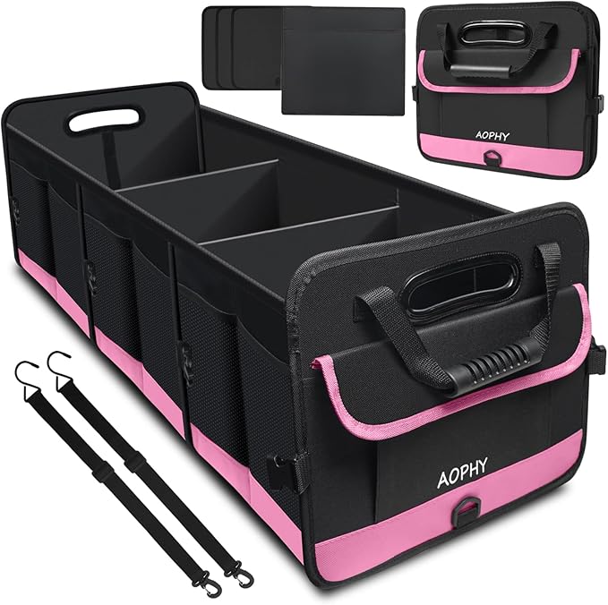 AOPHY Trunk Organizer for Car, 95L Large Capacity Trunk Storage with Non-Slip Bottom Strips, Cargo Organizer for Suv, Truck, Sedan, Waterproof Portable Car Organizers for Women Men(Pink)