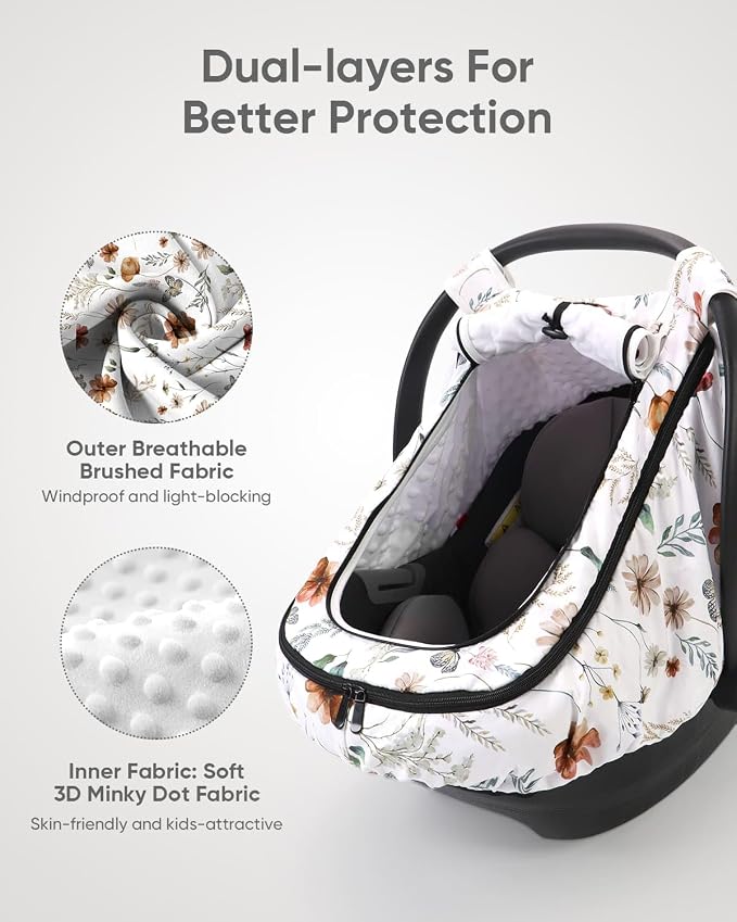 Car Seat Cover Baby Girls, Infant Car Seat Canopy Outdoor, 2 Layers with Mesh and Sun Shade Window for Summer Winter, Easy Access Carseat Covers Snug Fit Baby Stroller - Brown Wildflower