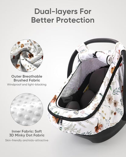 Car Seat Cover Baby Girls, Infant Car Seat Canopy Outdoor, 2 Layers with Mesh and Sun Shade Window for Summer Winter, Easy Access Carseat Covers Snug Fit Baby Stroller - Brown Wildflower