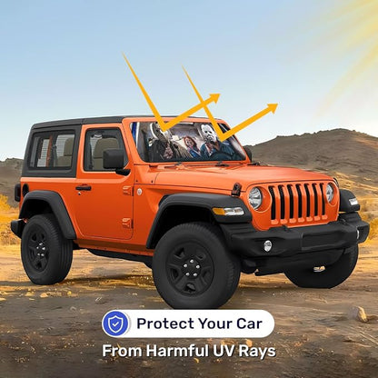 GENANY Horror Movie Character Windshield Sun Shade for Car SUV Truck (53x17 Inches), Automobile Sunshade, Protector Blocks UV, Christmas Car Decor