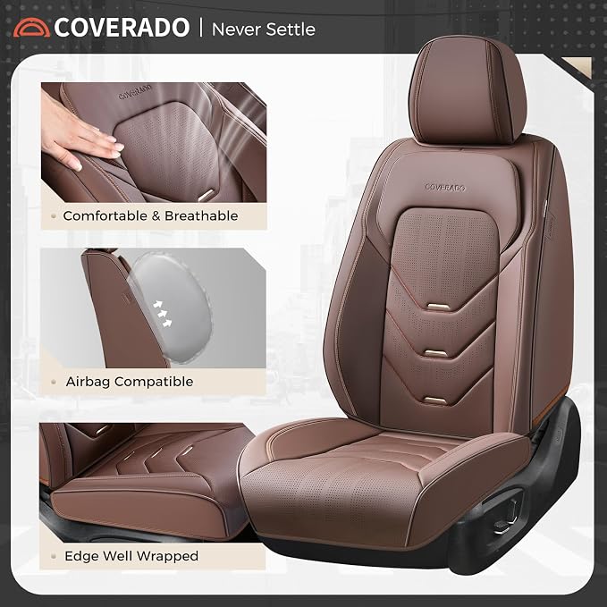 Coverado Car Seat Covers Front Seat, Coffee Front Seat Covers, Leather Seat Cover for Car, Waterproof Car Seat Protector, Automotive Seat Cover, Car Seat Cushion Universal Fit for Most Sedan SUV Truck