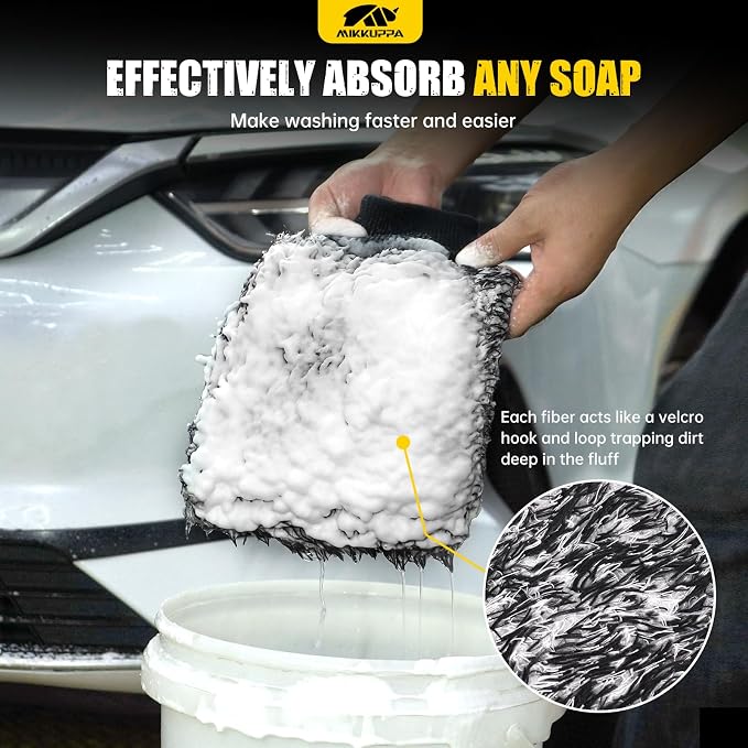 MIKKUPPA Microfiber Car Wash Mitt - Double-Sided Ultra Absorbent Scratch Free Premium Blend Glove for Car Washing Home Cleaning (Black, 2Pack, 11'' x 8'')