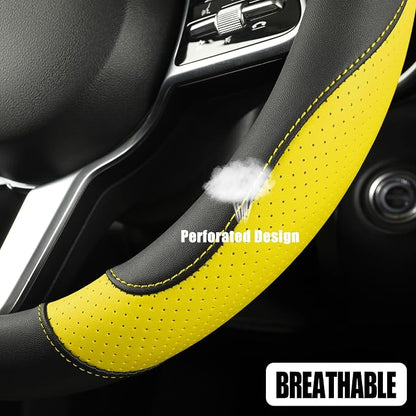 Microfiber Leather Steering Wheel Cover Large for Ford F150 F250 F350 RAM 4Runner Tacoma Tundra Range Rover Model X Model S, Breathable, Anti Slip, 15.5 inch to 16 inch, Black with Yellow