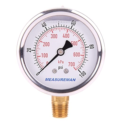 MEASUREMAN Pressure Gauge 1/4 NPT, 0-100psi/kPa Glycerin Filled Pressure Gauge with 2.5 Inch Dial Size and 304 Stainless Steel Case (0-100 psi, Lower Mount)