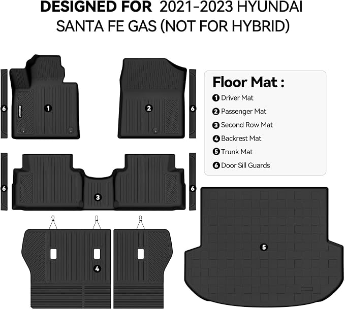 Floor Mats for 2021 2022 2023 Hyundai Santa Fe Gas, Trunk Mat and Backrest Mats & Door Sill Guard All Weather TPE Protector for Hyundai Santa Fe Accessories