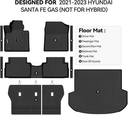 Floor Mats for 2021 2022 2023 Hyundai Santa Fe Gas, Trunk Mat and Backrest Mats & Door Sill Guard All Weather TPE Protector for Hyundai Santa Fe Accessories