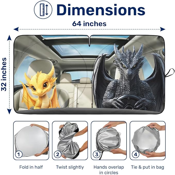 GENANY Cute Couple Dragon Windshield Sun Shade for Car SUV Truck (64x32 Inches), Automobile Sunshade, Protector Blocks UV, Car Decor