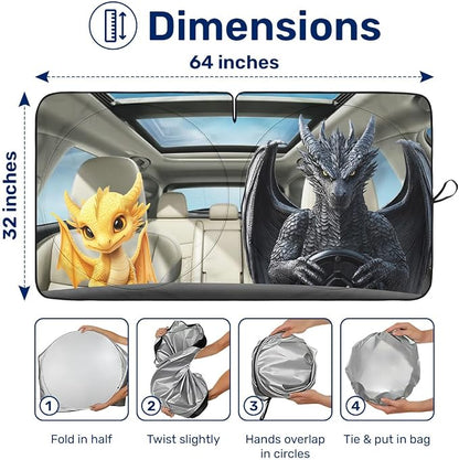 GENANY Cute Couple Dragon Windshield Sun Shade for Car SUV Truck (64x32 Inches), Automobile Sunshade, Protector Blocks UV, Car Decor