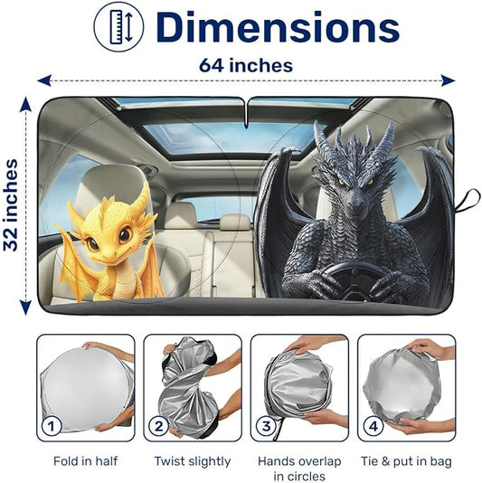 GENANY Cute Couple Dragon Windshield Sun Shade for Car SUV Truck (64x32 Inches), Automobile Sunshade, Protector Blocks UV, Car Decor