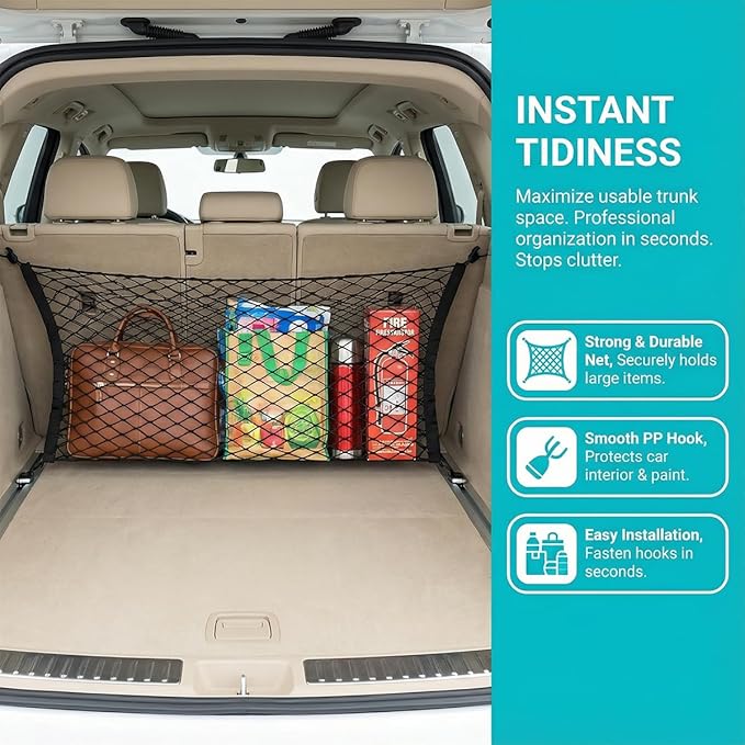 Car Cargo Net, 27.56" x 19.69" Elastic Stretchable Adjustable Vehicle Trunk Mesh Nets with Hook, Automotive Cargo Netting Storage Organizer, Universal for SUV Motorhome Lorry