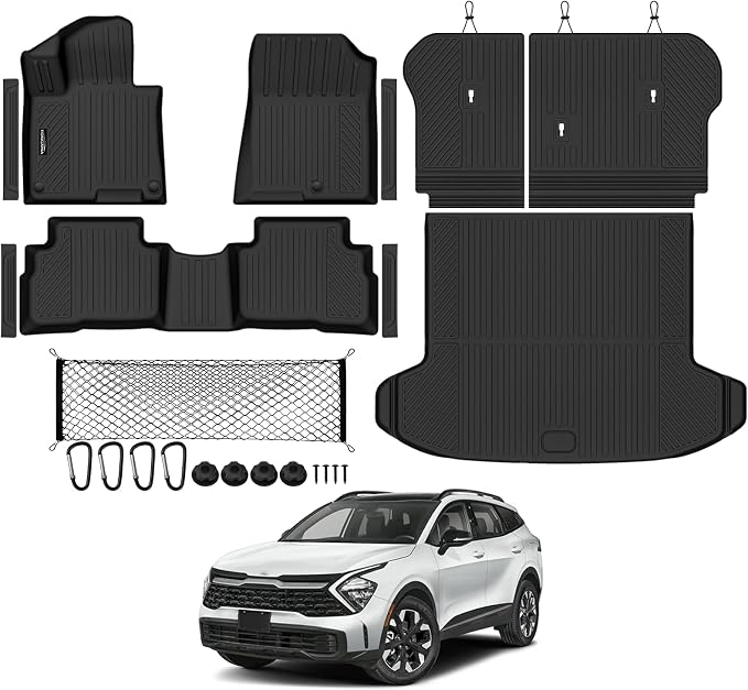 Tongama-Floor Mats for 2023 2024 2025 Kia Sportage Hybrid, All Weather TPE Trunk Mat and Backrest Mats and Cargo Net and Door Sill Guards for Kia Sportage Floor Liner Accessories