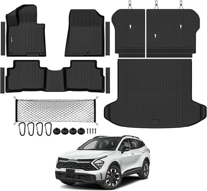 Tongama-Floor Mats for 2023 2024 2025 Kia Sportage Hybrid, All Weather TPE Trunk Mat and Backrest Mats and Cargo Net and Door Sill Guards for Kia Sportage Floor Liner Accessories