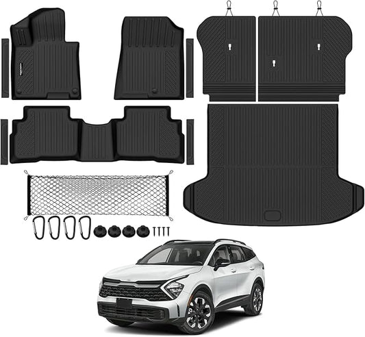 Tongama-Floor Mats for 2023 2024 2025 Kia Sportage Hybrid, All Weather TPE Trunk Mat and Backrest Mats and Cargo Net and Door Sill Guards for Kia Sportage Floor Liner Accessories