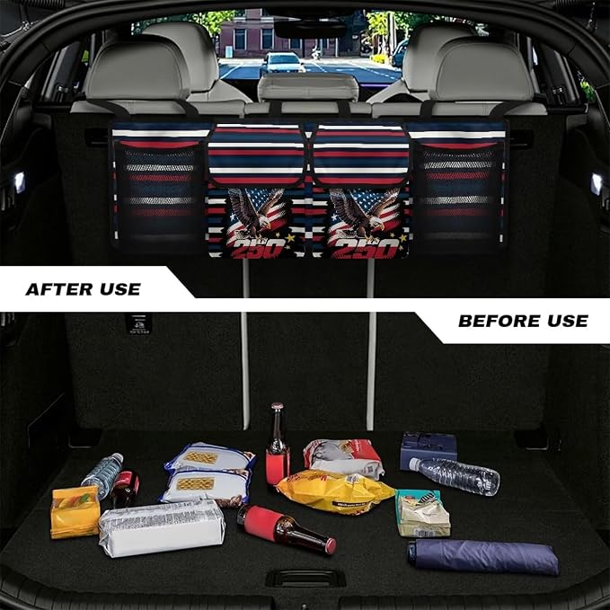 Eagle Flag Hanging Car Organizer Backseat Hanging Storage Bag with 4 Pockets & 3 Adjustable Straps Large Capacity Cars Trunk Organizer Suitable for Most Cars,SUV,Sedan
