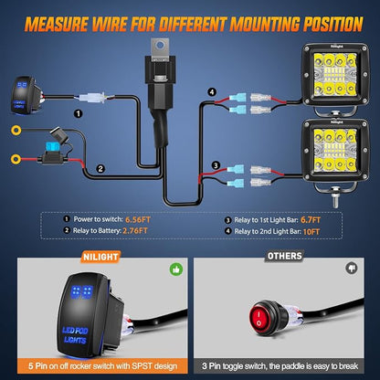 Nilight 2Pcs 3Inch 42W LED Cubes Upgraded Spot Flood Combo Square Driving Fog Off Road Lights 12V 5Pin Rocker Switch Wiring Harness Kit-2 Leads