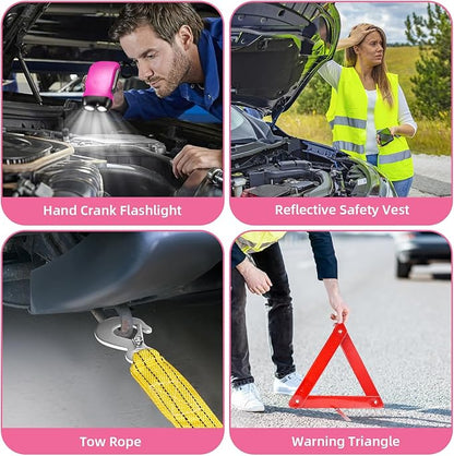 20Pcs Roadside Emergency Car Kit with Jumper Cables, Car Safety Kits, Car Safety Roadside Assistance Kit Headlamp,Tow Strap, Tool Kit, Road Trip Assistance for Men, Women, New Driver Gifts