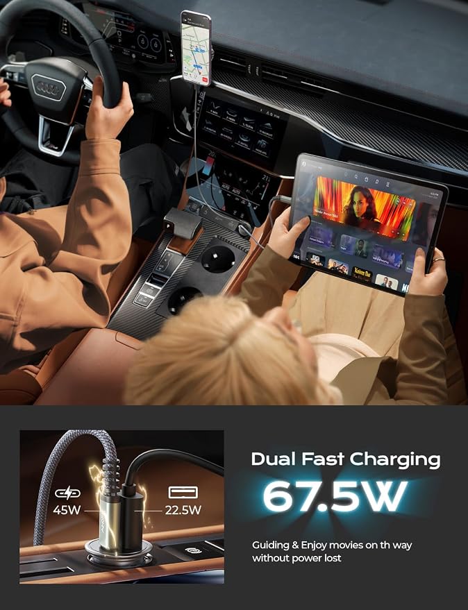 AINOPE 67.5W Car Charger USB C Fast Charging【Mini & Metal】[+ 6.6 FT Type-C Cable] Dual Port PD/QC3.0 Cigarette Lighter USB Charger Adapter for iPhone 17 Pro Max 16 15 Air Samsung Android, Black