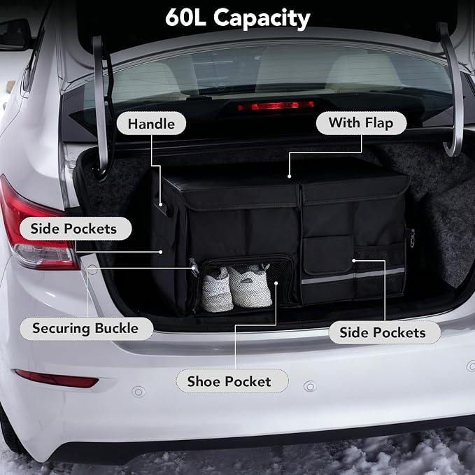 Dntorx Trunk Organizer for SUV - 60L, Foldable Car Trunk Organizer Bags with Lid Large Capacity Car Organizers and Storage with Lid for SUV,Sedan,Truck Accessories,23.62"×12.99"×11.81"(Black)