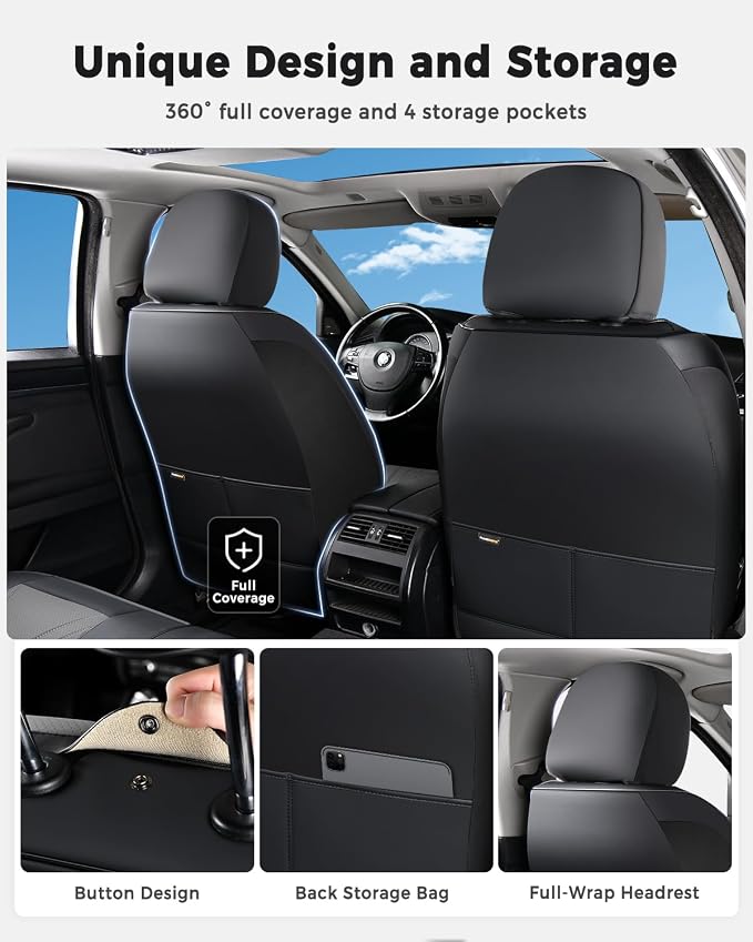Huidasource Car Seat Covers Full Set, Universal Fit for Most Cars SUV Trucks, Full Coverage Nappa Leather Seat Cover, Airbag, Cupholder Compatible, Velcro Adjustable, Seat Function Retain, Black&Gray