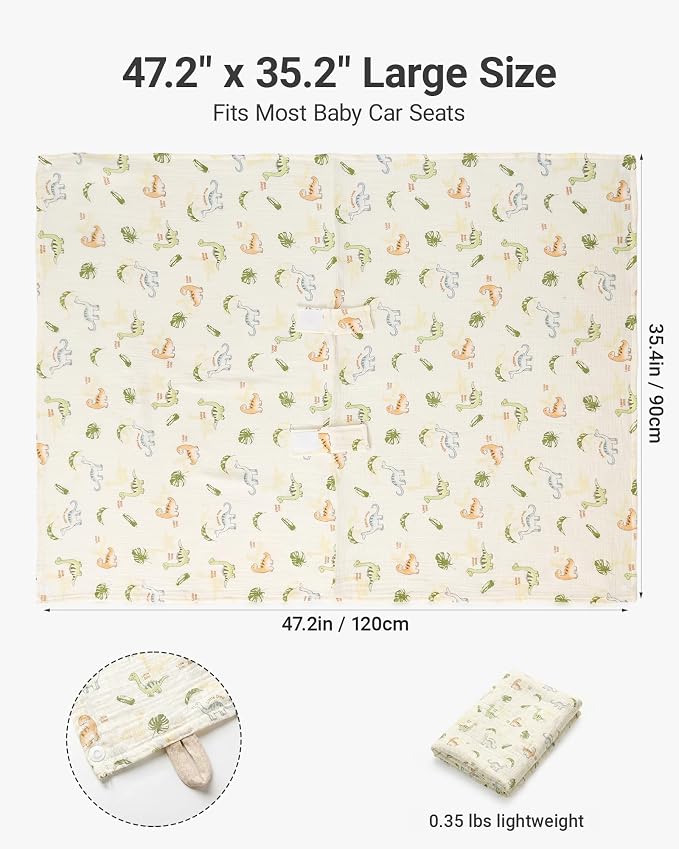 Metplus 100% Muslin Car Seat Cover Baby & Nursing Cover, Soft Breathable Infant Carseat Canopy for Summer, Stroller & Carrier Sunshade for Boys Girls (Cute Dinosaur)