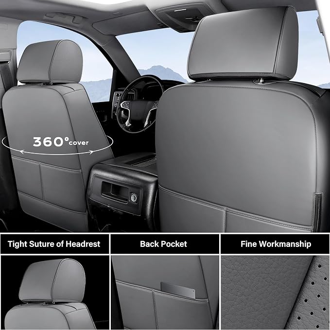 Coverado Chevy Silverado Seat Covers, Faux Leather Seat Covers Fit for Chevy Silverado GMC Sierra 2007-2026 1500, 2015-2026 2500HD 3500HD Crew Double Extended Cab (Front,Gray)