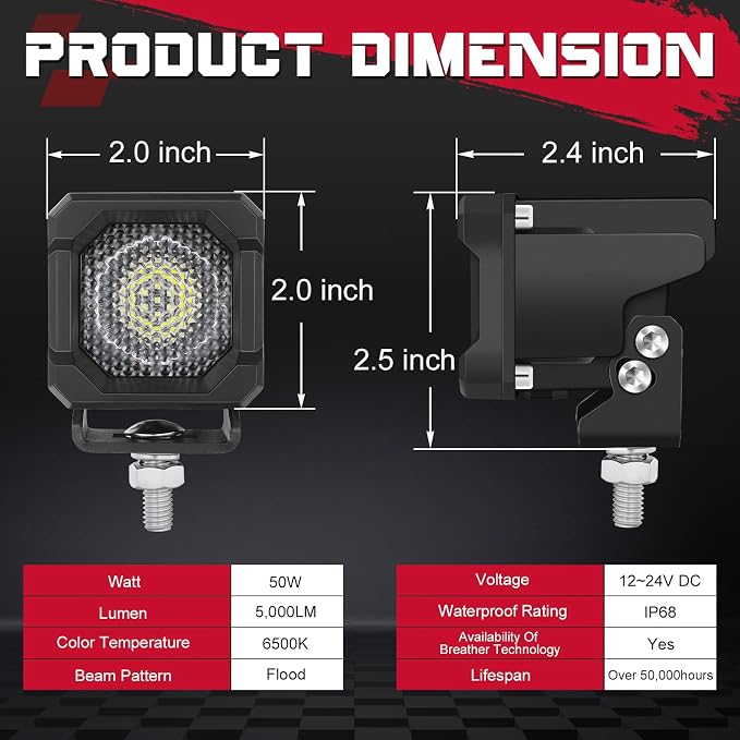 LED Pods, OFFROADTOWN 2inch 50W LED Cubes Flood Off Road Driving Lights Pods Backup Reverse Light Scene Light for Truck Pickup UTV ATV SUV 4x4 Car Motorcycle - Flood