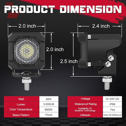 LED Pods, OFFROADTOWN 2inch 50W LED Cubes Flood Off Road Driving Lights Pods Backup Reverse Light Scene Light for Truck Pickup UTV ATV SUV 4x4 Car Motorcycle - Flood